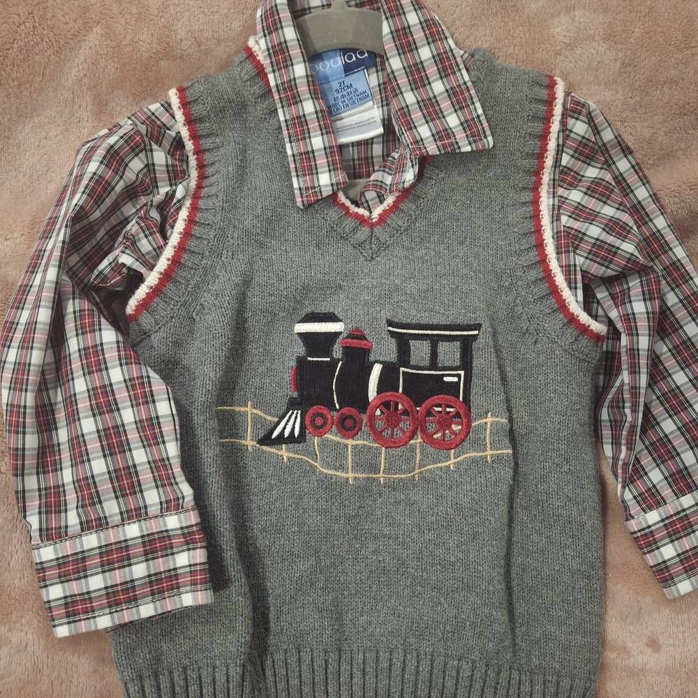 Plaid and Gray Train Embroidered Kids Shirt by